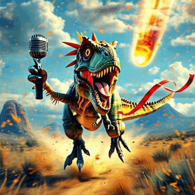 Dinosaur with microphone running from  a meteor strike